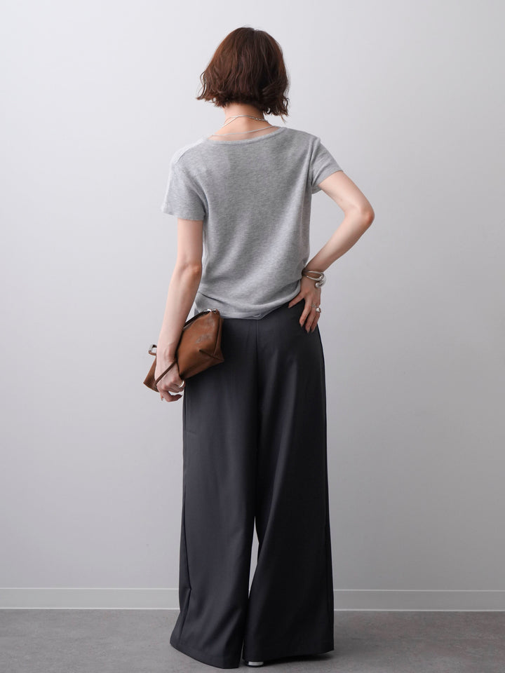 [SET]チュールレーヤードヘンリーフレンチニットトップス+ビジューベルトタックワイドパンツ(2set)