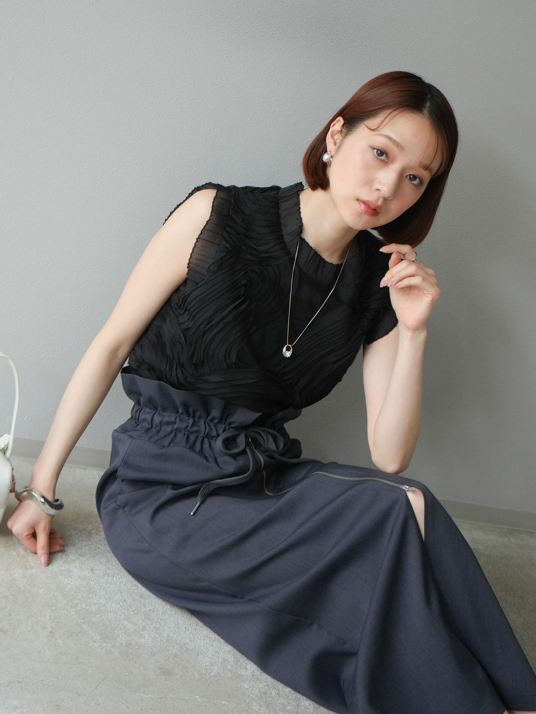 [SET]チュールジャガードノースリブラウス+ヘザーエステルギャザージップスカート(2set)