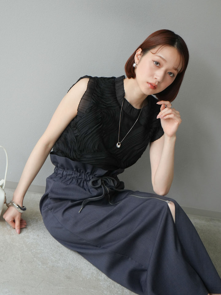 [SET]チュールジャガードノースリブラウス+ヘザーエステルギャザージップスカート(2set)