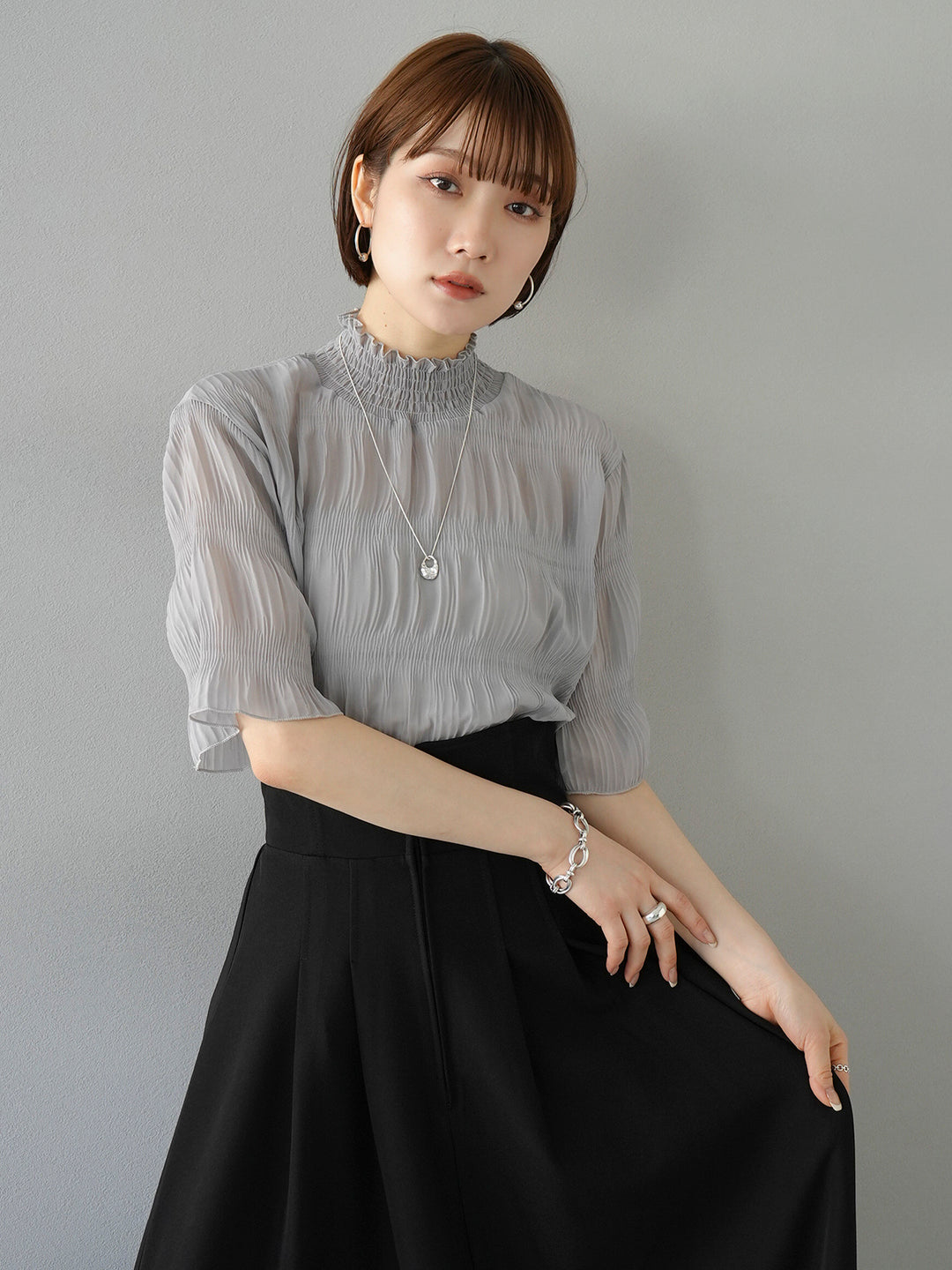 [SET] Shirring chiffon half sleeve blouse + 2WAY flare jumper skirt (2set)