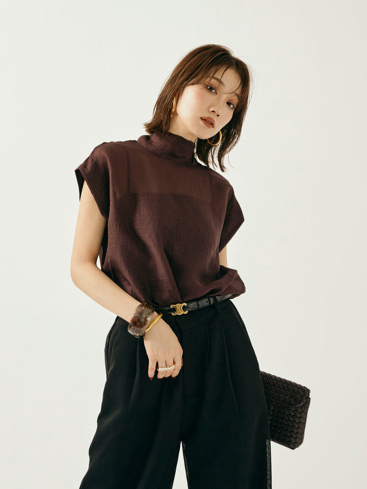 【Allure】[SET]シャイニーシアーブラウス+メッシュタックワイドパンツ(2set)