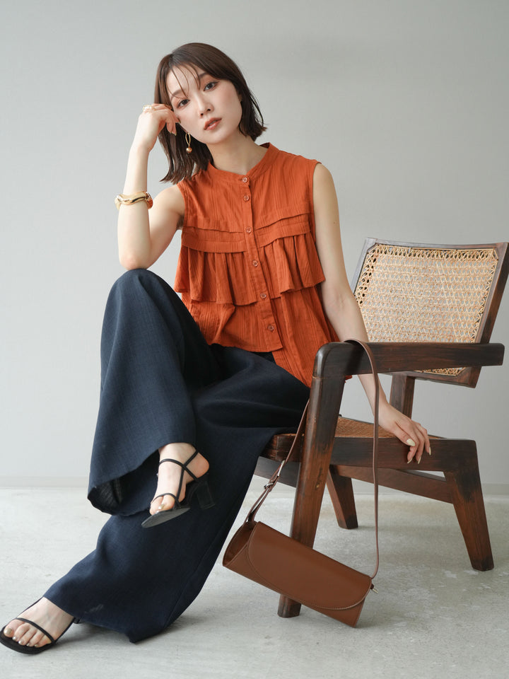 [予約]ドビーストライプアシンメトリーフリルノースリブラウス/テラコッタ