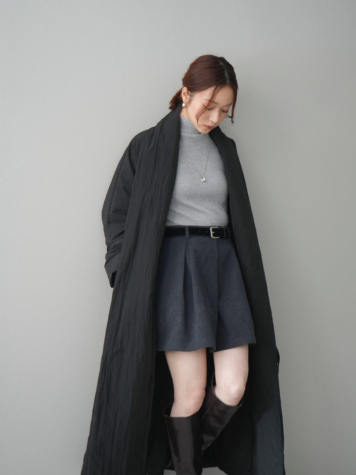 [SET]ロングダウンコート+袖ボタンボトルネックリブニットトップス+ベルト付きタックミニスカート(3set)
