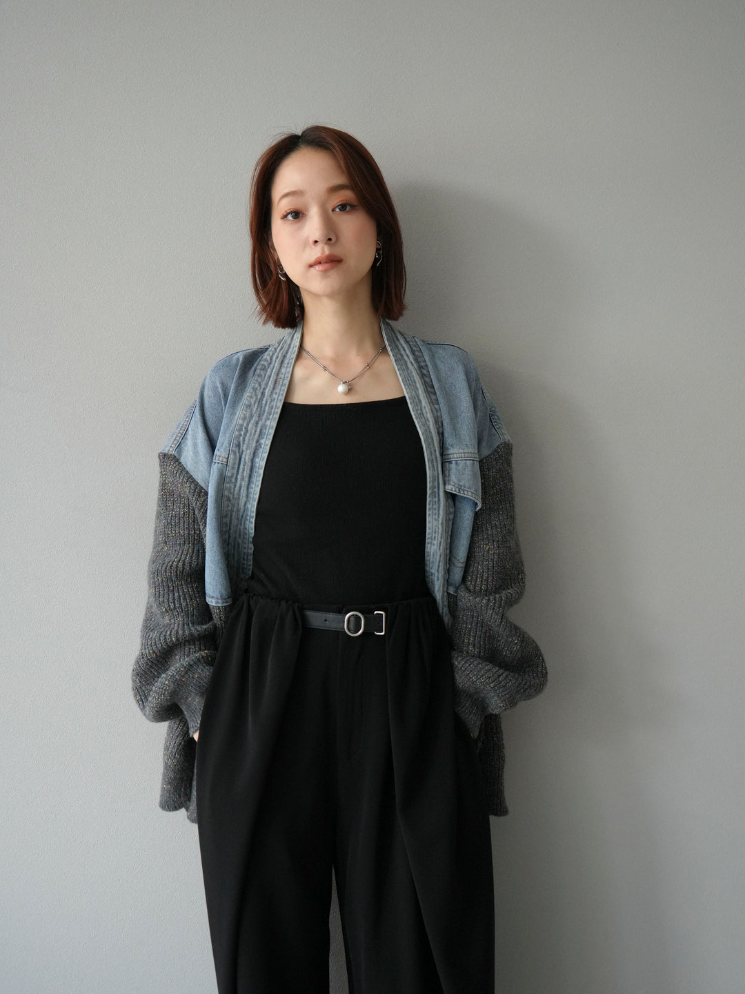 [予約]デニム切替ネップニットカーディガン/グレー