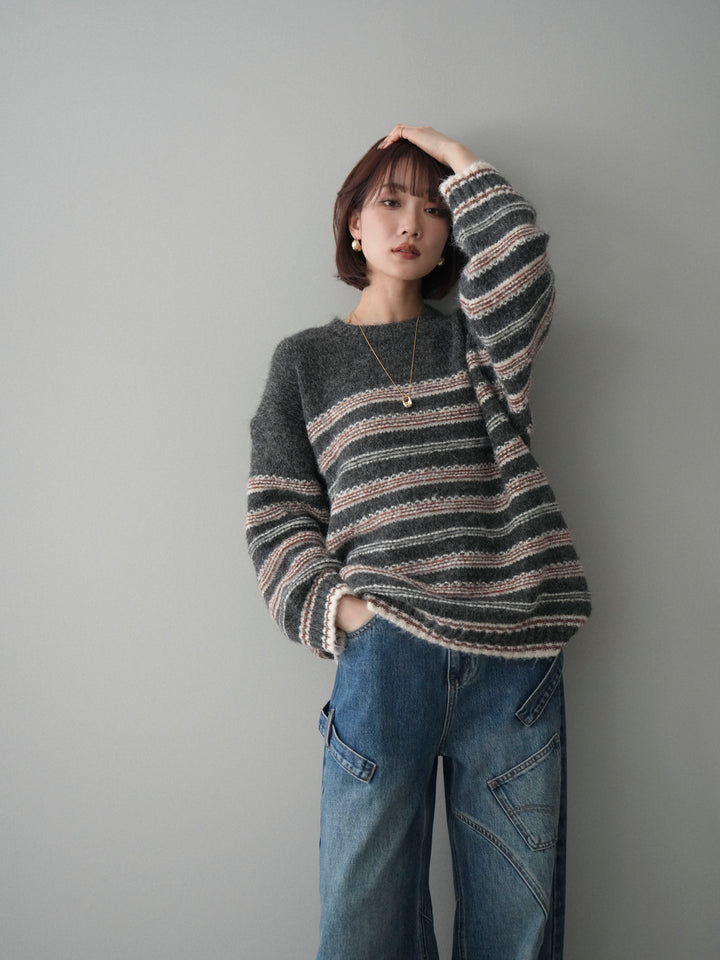 [SET]ステッチボーダーニットプルオーバー+ペインターカーブデニムパンツ(2set)