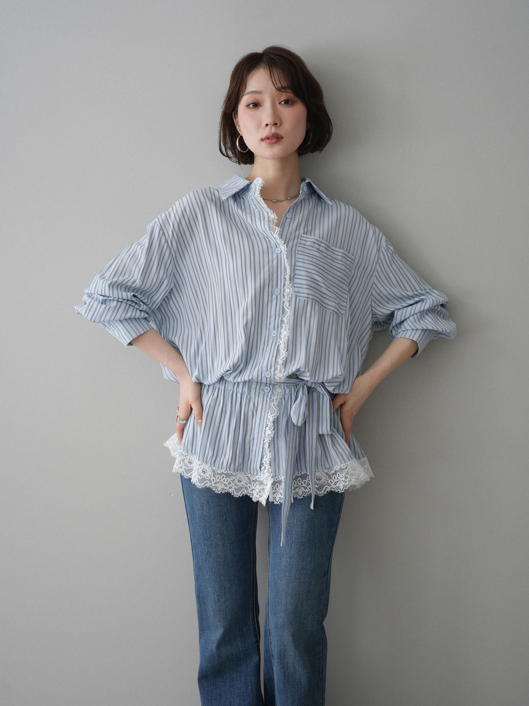 [SET]レース付ストライプウエストギャザーシャツ+フリンジデザインセミフレアデニム(2set)