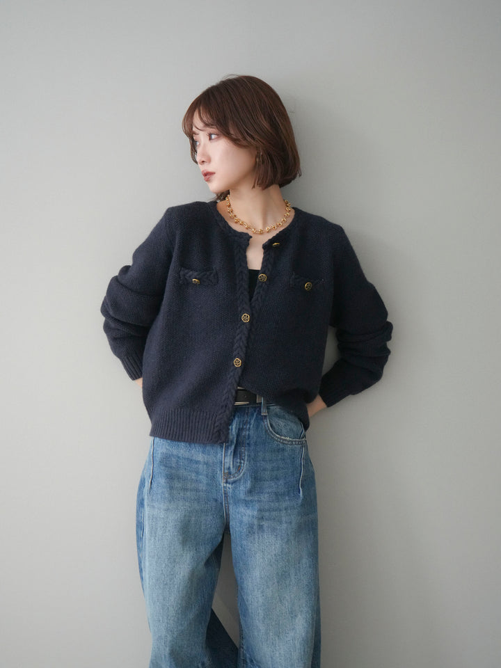 [予約]編みこみアンティークボタンニットカーディガン/navy