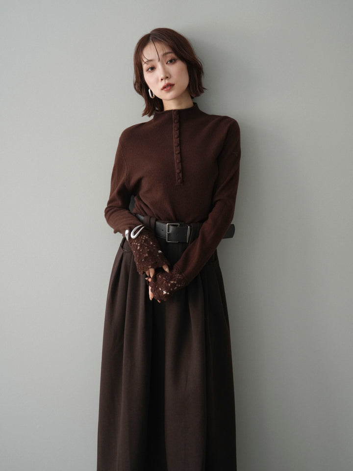 [予約]袖スカラップレースフロントボタンウールニットトップス/brown