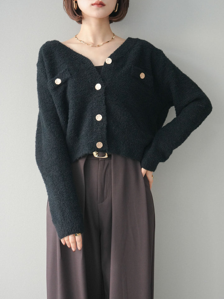 [SET]ゴールドボタンモールニットカーディガン+ベルトループデザインワイドパンツ(2set)