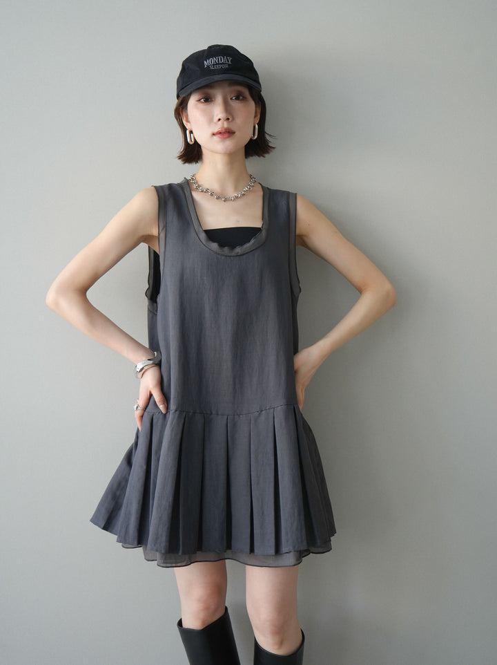 [予約]チュールドッキング裾プリーツミニワンピース/charcoal