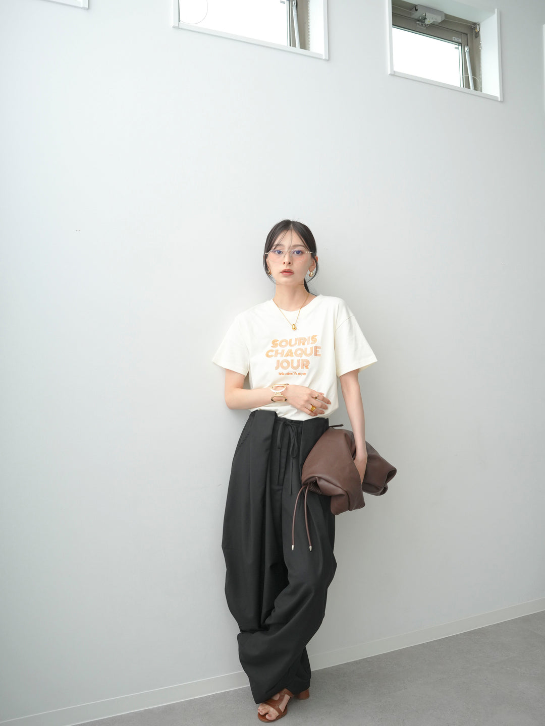【套裝】Logo刺繡T卹+皮帶環彎腰闊腿褲（兩件套）