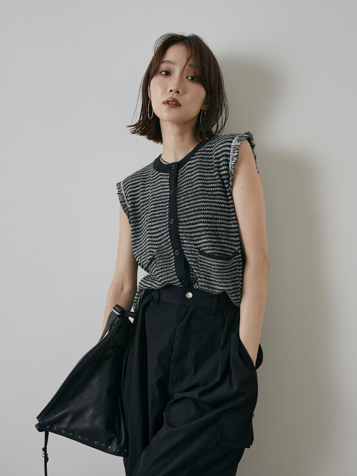 [予約]ボーダー袖フリンジニットベスト/ブラック