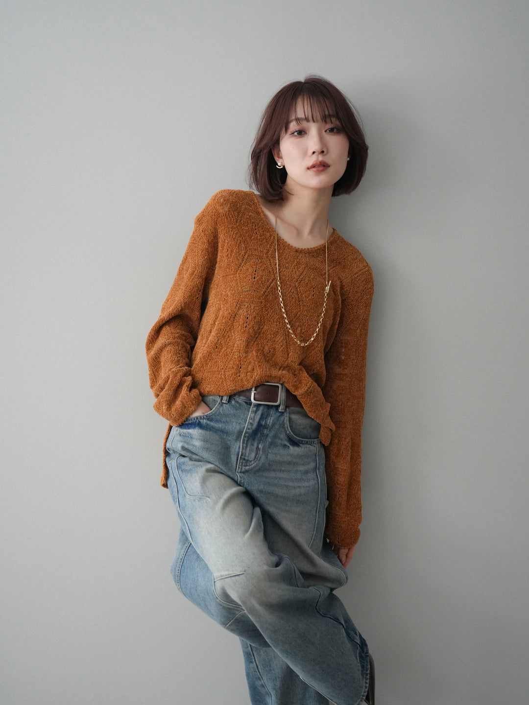 [予約]モール透かし編みニットトップス/camel