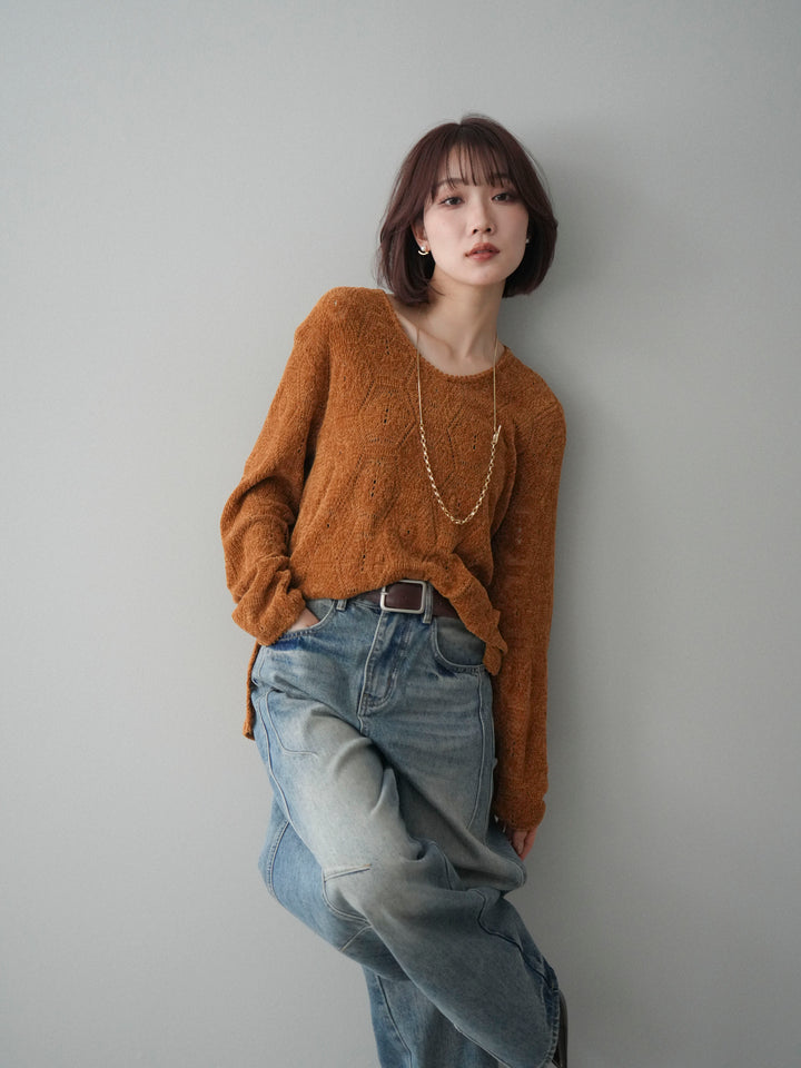 [予約]モール透かし編みニットトップス/camel