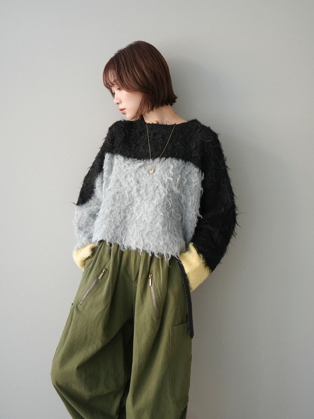 [SET]バイカラーモヘアタッチニットプルオーバー+コットンタックループパンツ(2set)