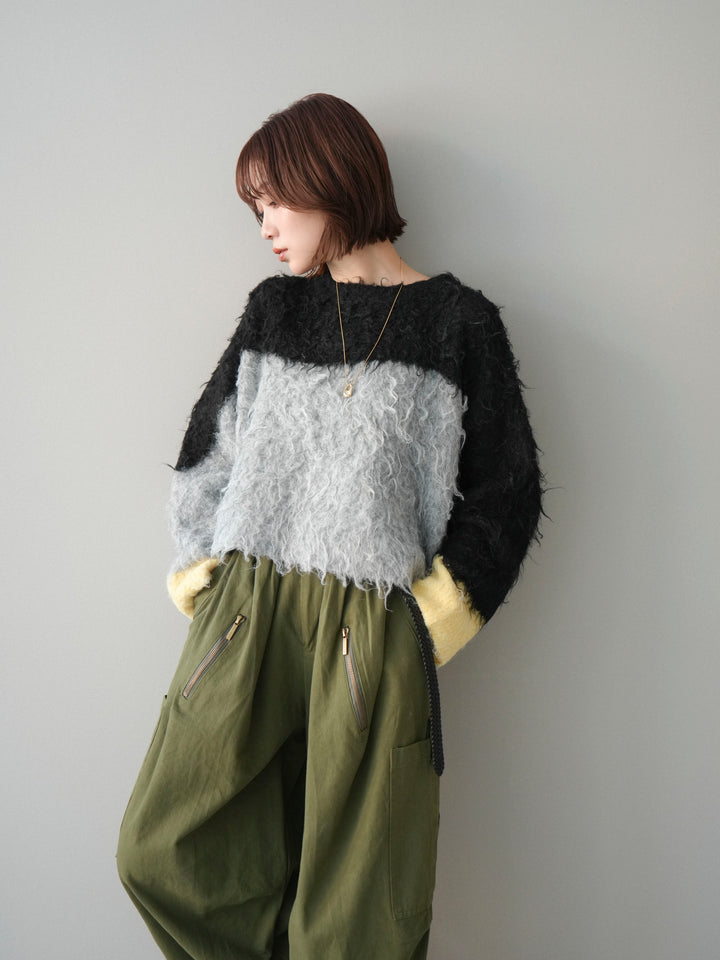 [SET]バイカラーモヘアタッチニットプルオーバー+コットンタックループパンツ(2set)