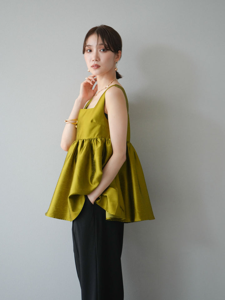 [予約]サテンフレアノースリーブトップス/グリーン
