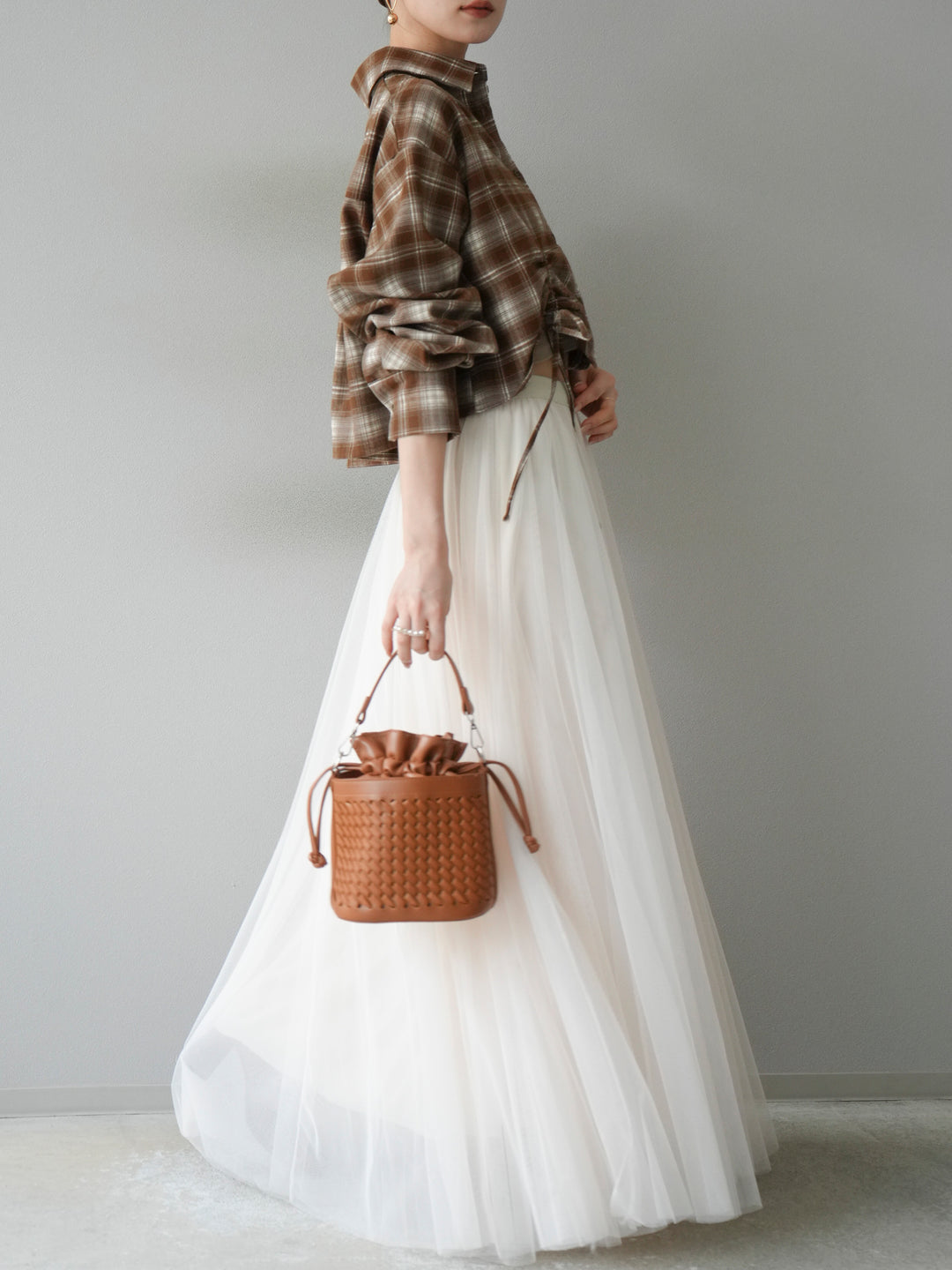 [予約]ドロストクロップネルチェックドシャツ/シナモン