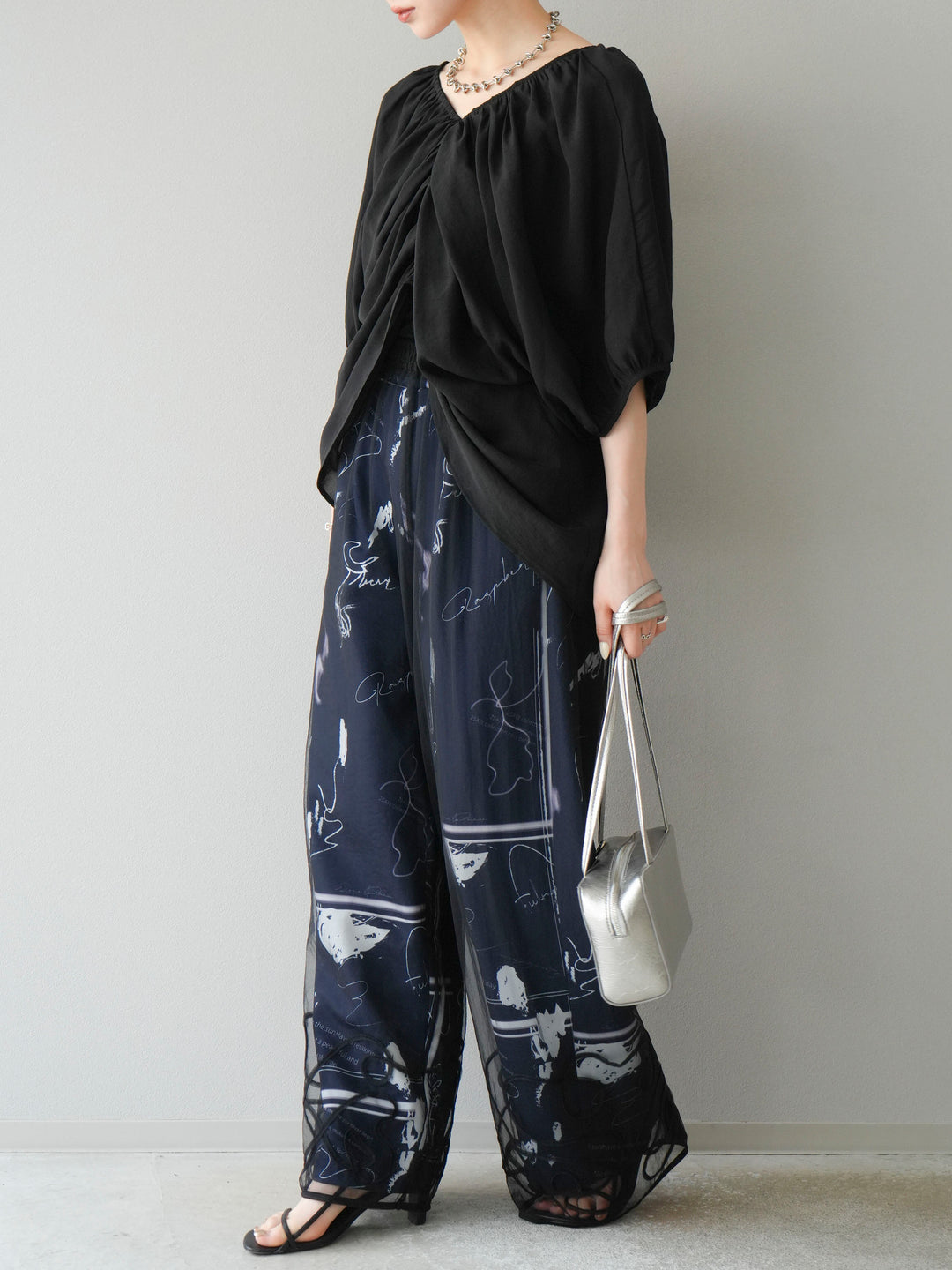 [SET]ボリュームスリーブシアータックブラウス+コード刺繍チュールレイヤードパンツ(2set)