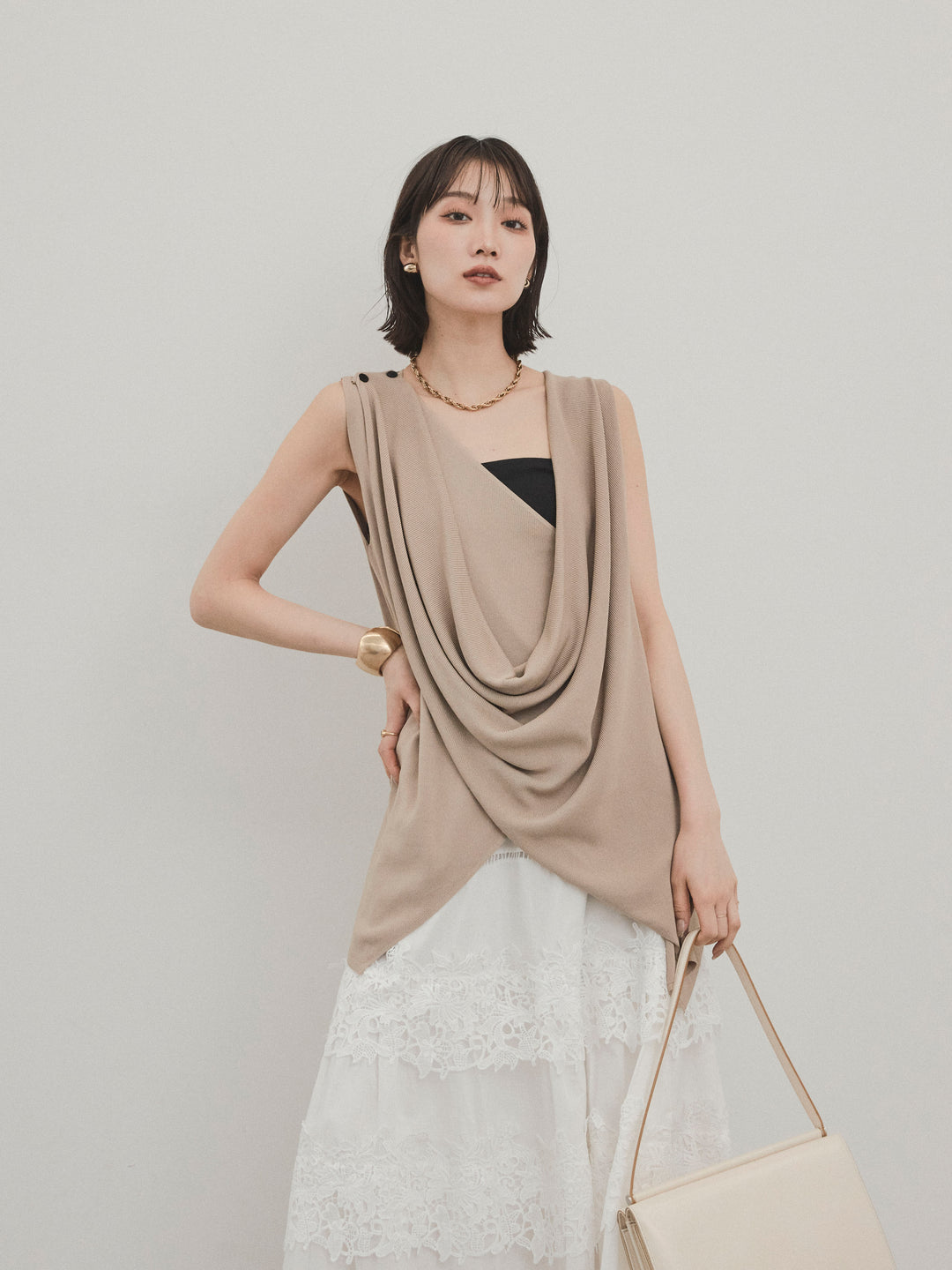 [SET]ドライタッチドレープニットプルオーバー+スカラップレースロングスカート(2set)