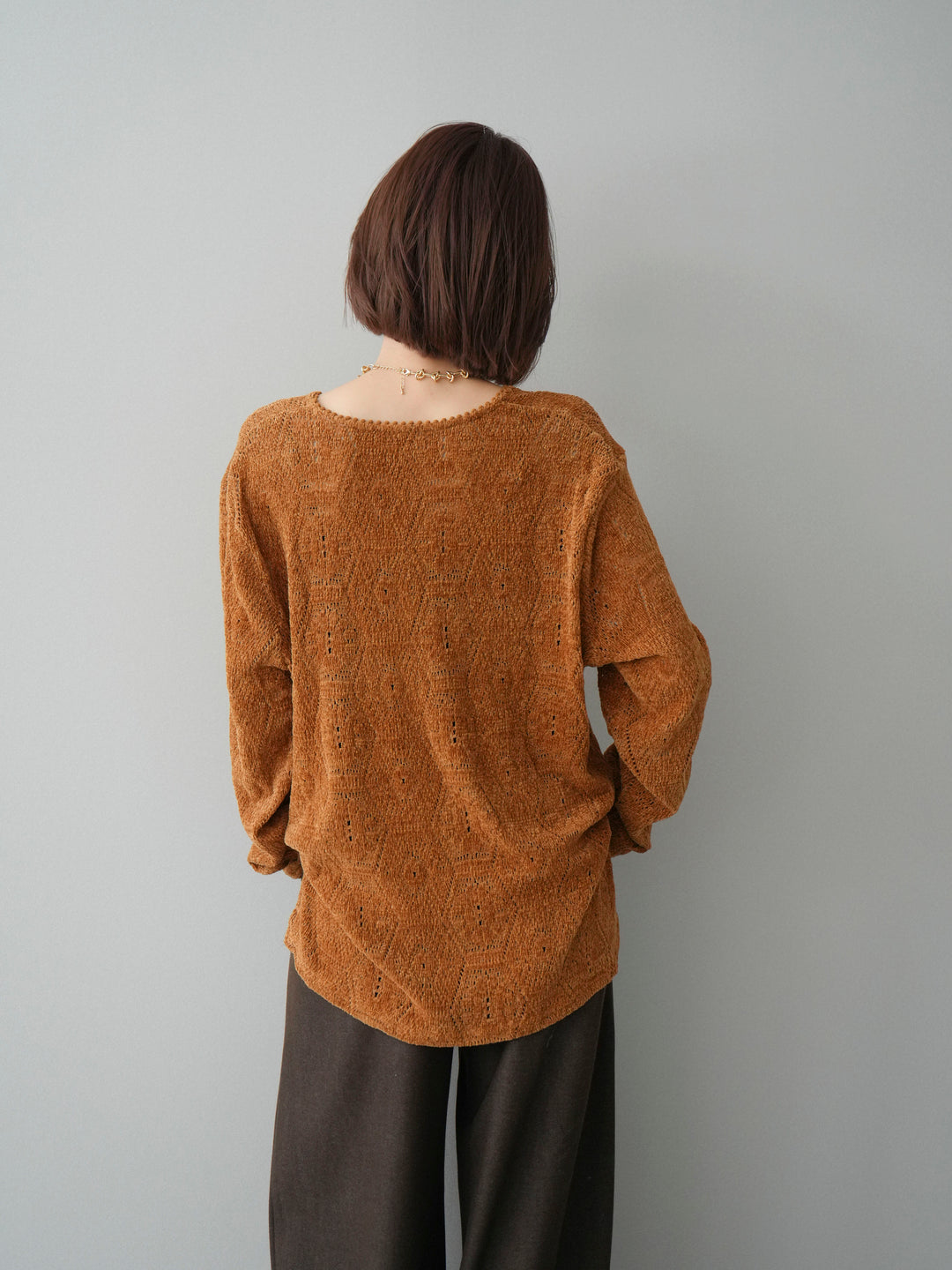 [予約]モール透かし編みニットトップス/camel