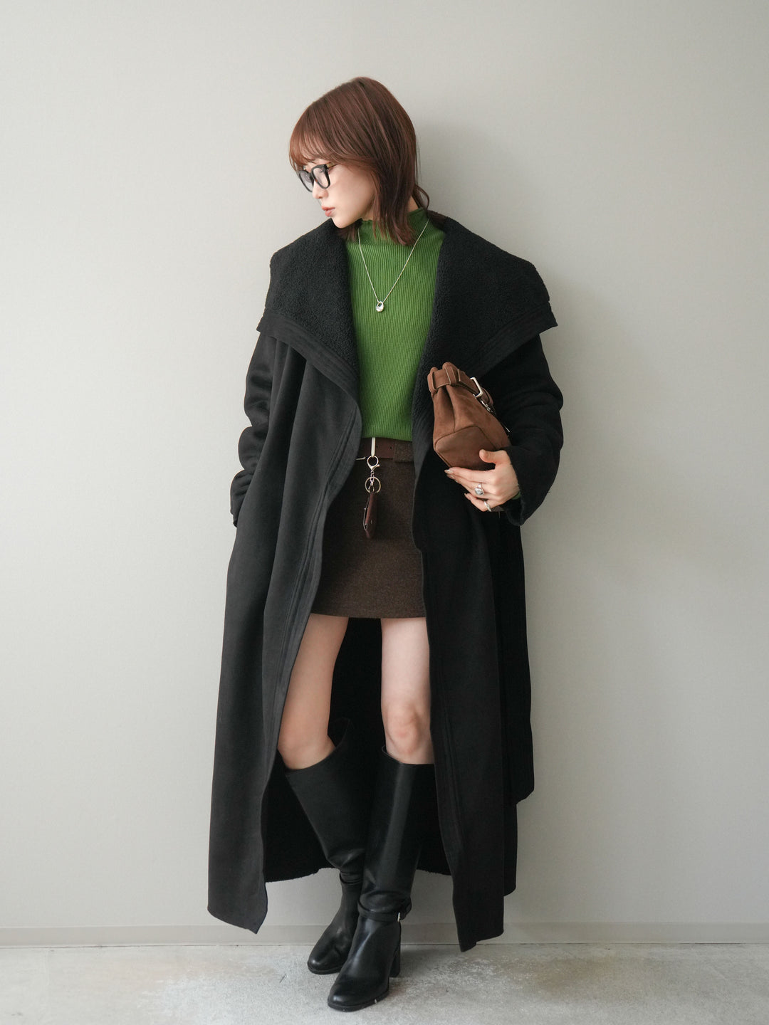 [予約]ウールタッチベルト付ミニスカート/brown