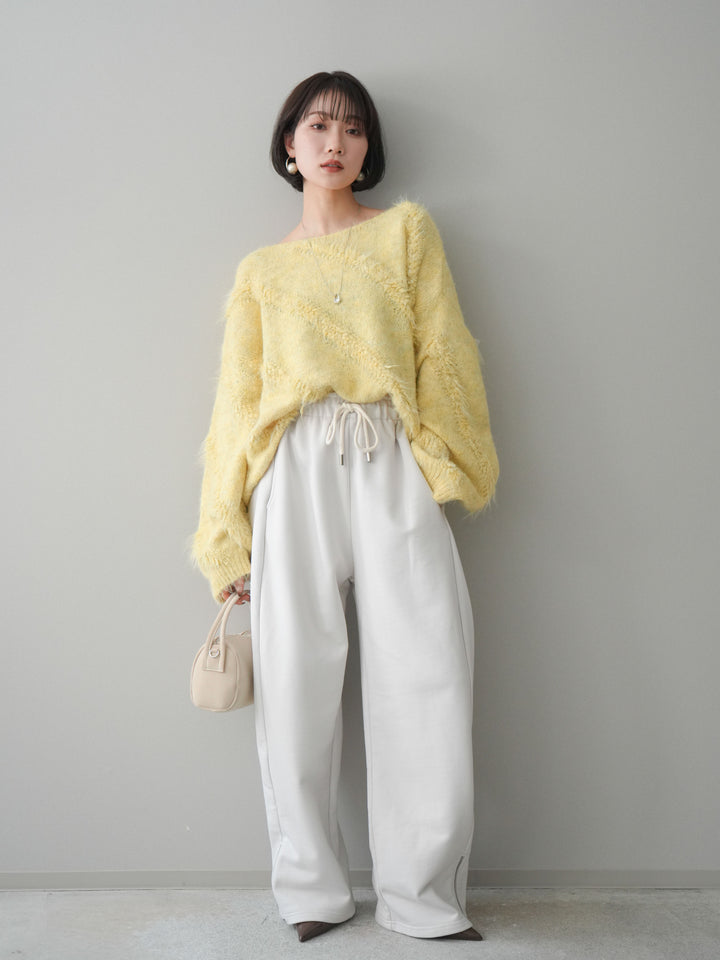 [SET]シャギーデザインニットプルオーバー+裾ZIPスエットワイドパンツ(2set)