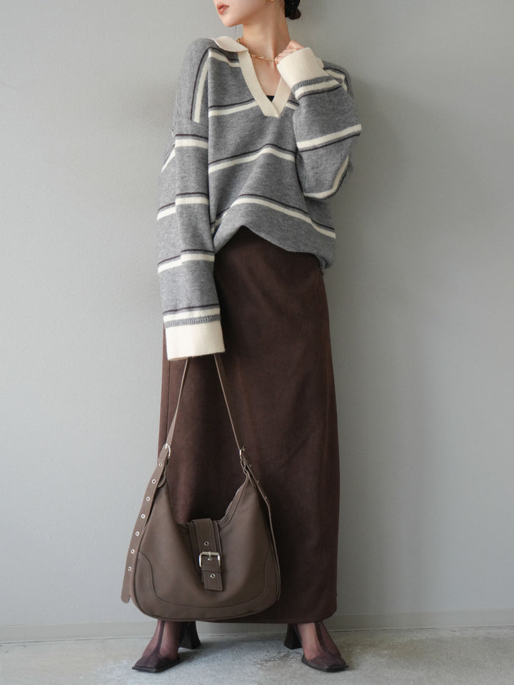 [SET]ポロ襟スキッパーボーダーニットプルオーバー+スウェードIラインスカート(2set)