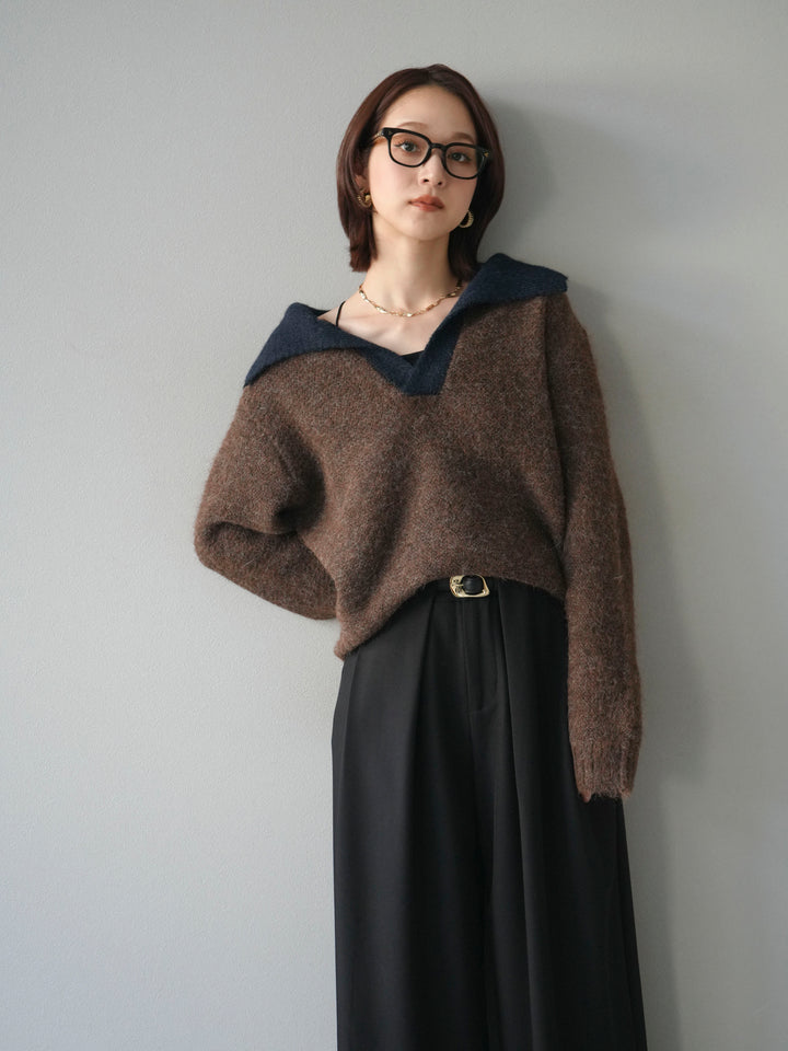 [SET]バイカラー襟付きニットプルオーバー+ベルトループデザインワイドパンツ(2set)