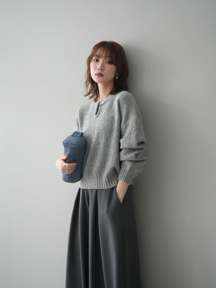 [SET]ツイストネックラメネップヤーンニットプルオーバー+テープベルトタックバギーパンツ(2set)