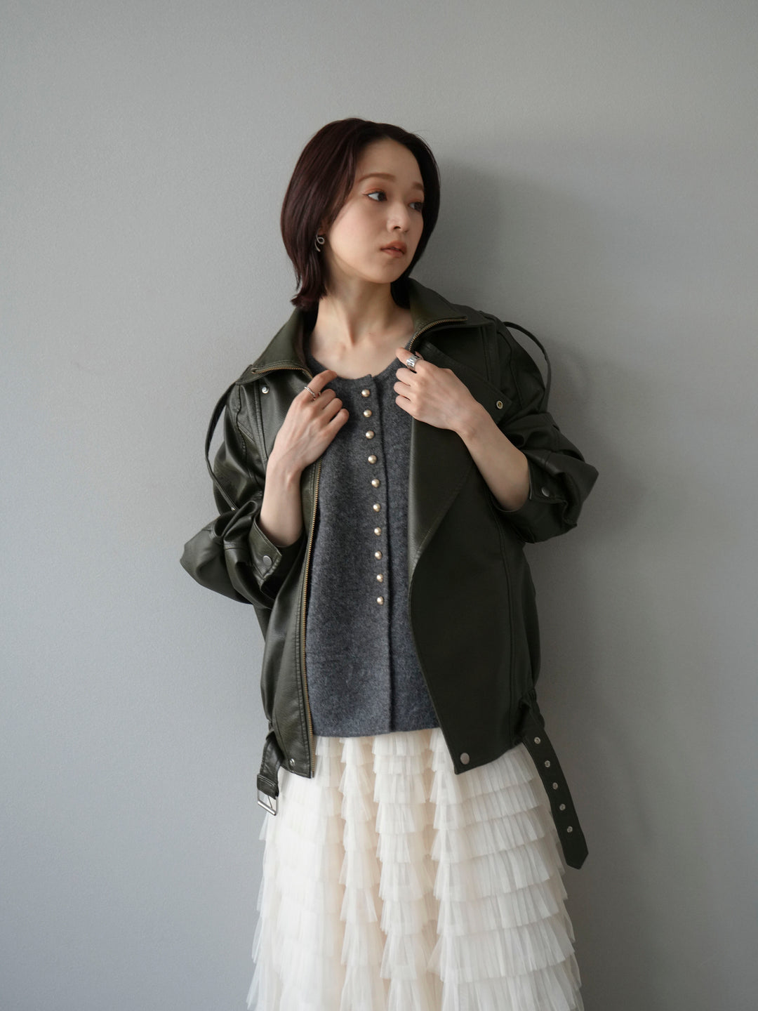 [予約]スタンドカラーフェイクレザーブルゾン/カーキ