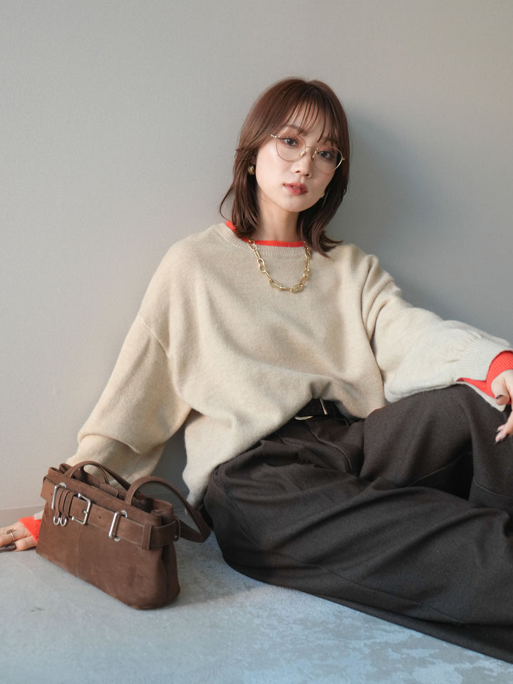 [予約]ヘンリーネック配色レイヤードニットプルオーバー/beige