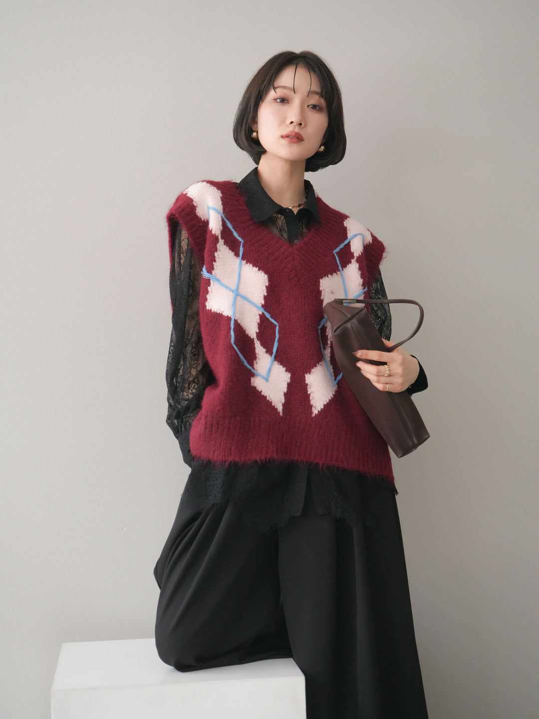 [SET]アーガイルVネックニットベスト+選べるアクセセット(2set)
