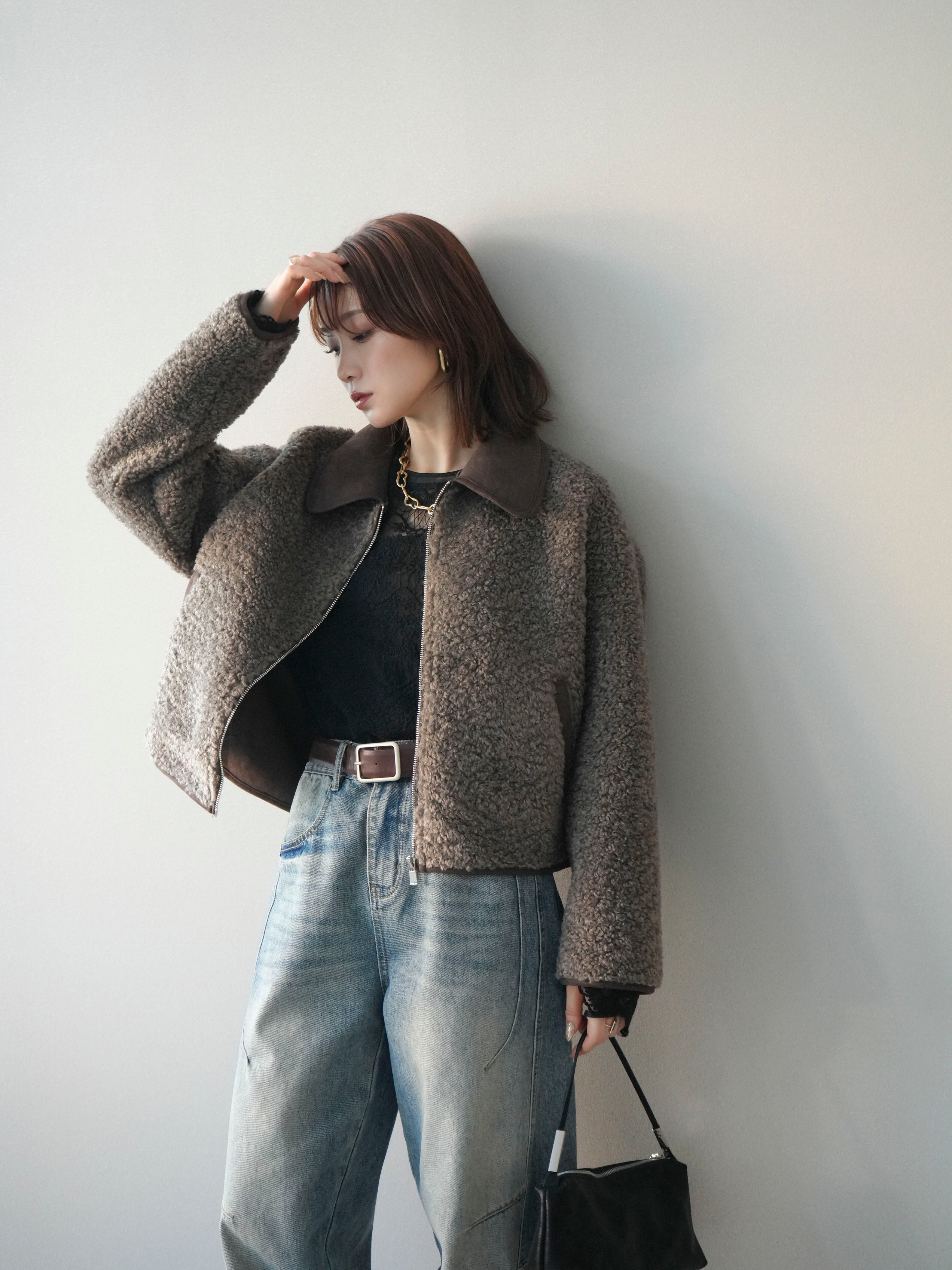 SET]スエード襟ボアショートジャケット+チュールレーストップス(2set