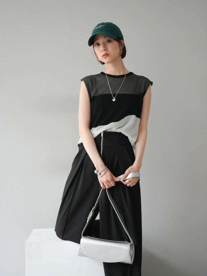 [SET]バイカラーシアーニットノースリーブ+ジップタックワイドパンツ(2set)