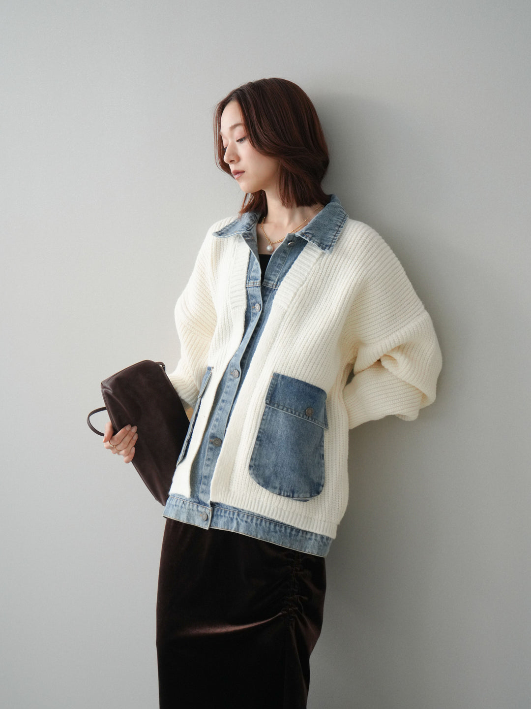 [SET]デニムドッキングオーバーニットジャケット+ギャザーベロアスカート(2set)