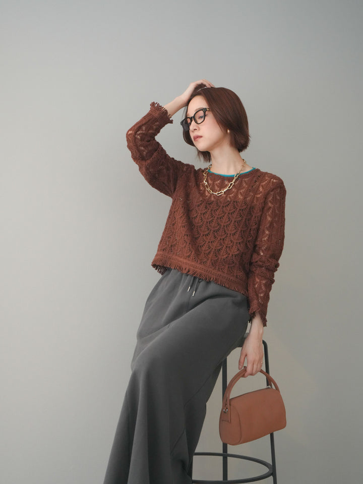 [予約]扇透かし編みクロップドニットプルオーバー/brown
