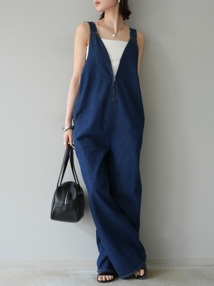 [予約]フロントZIP Vネックデニムサロペット/インディゴ