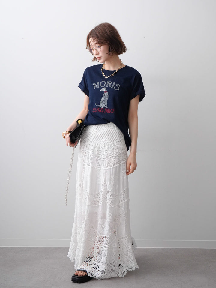 [SET]ドッグエンブロイダリーTEE+クロシェマキシスカート(2set)