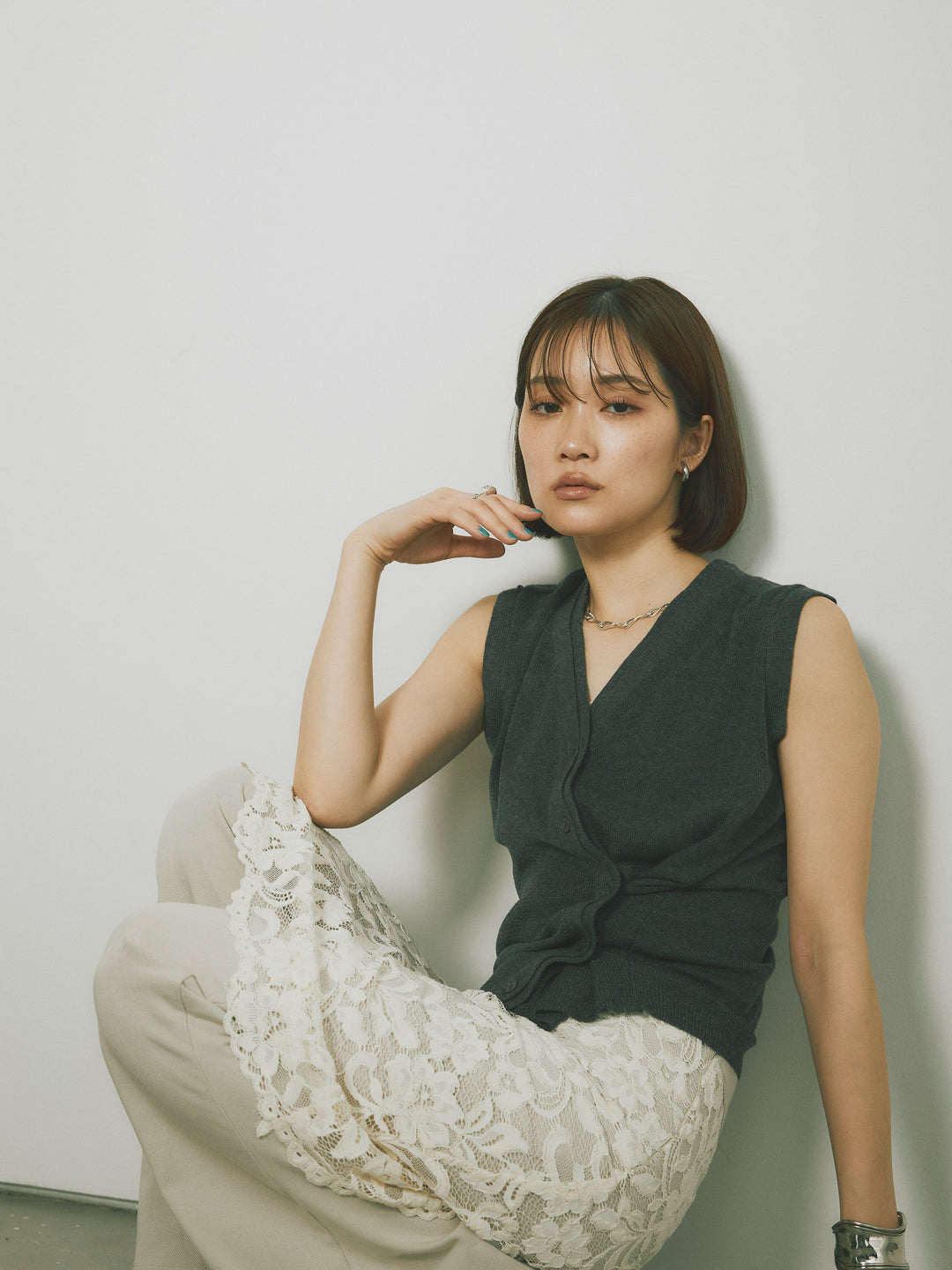 [SET]2WAYデザインニットベスト+レイヤードスカートセットフレアパンツ(2set)