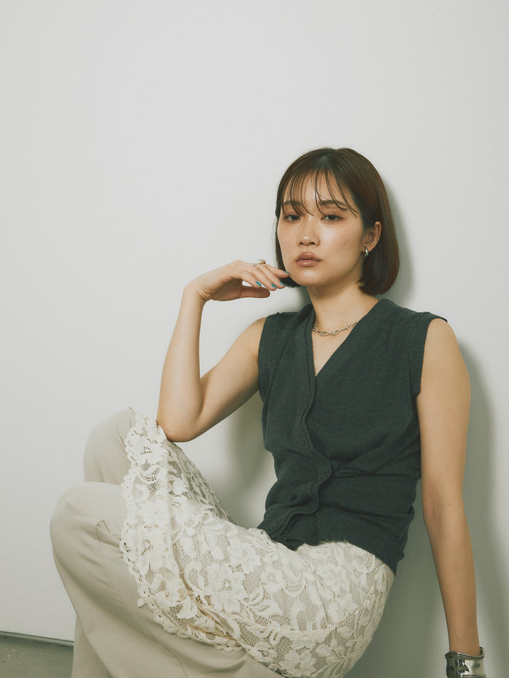 [SET]2WAYデザインニットベスト+レイヤードスカートセットフレアパンツ(2set)