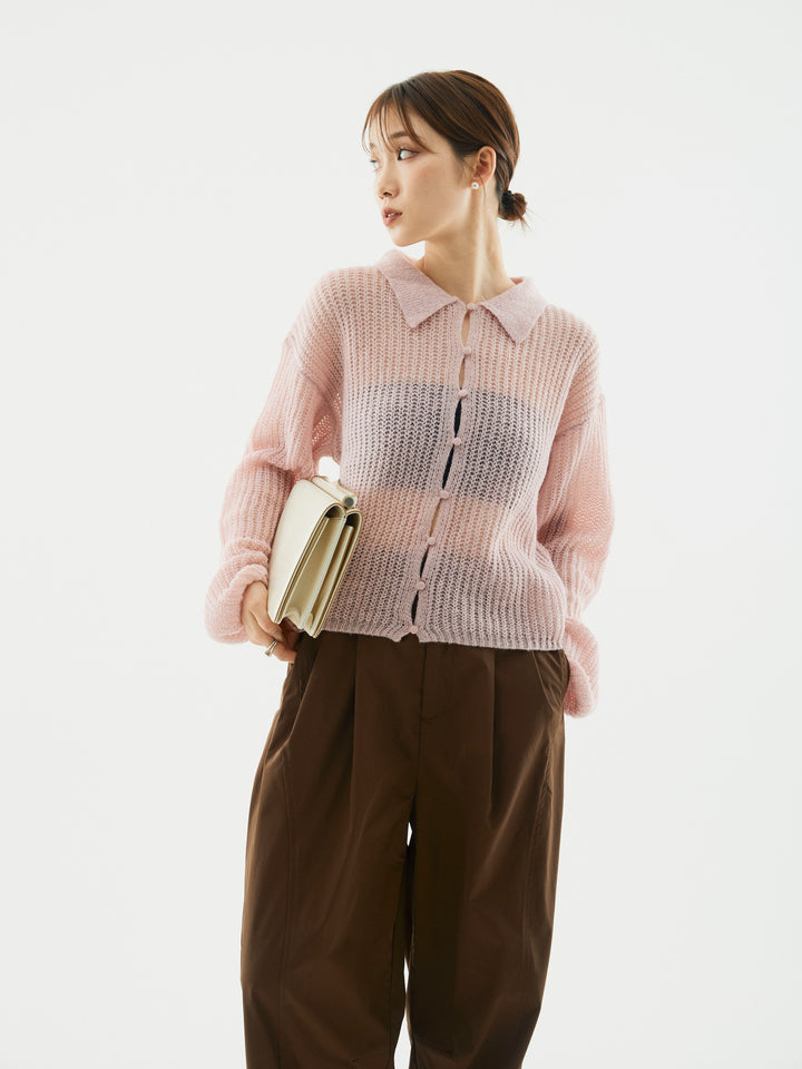 [予約]起毛片畦編みシアーポロニット/ビンク