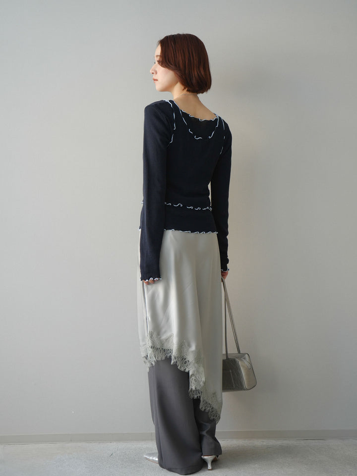 [SET]センターシームフレアパンツ+サテンライクアシメレーススカート(2set)