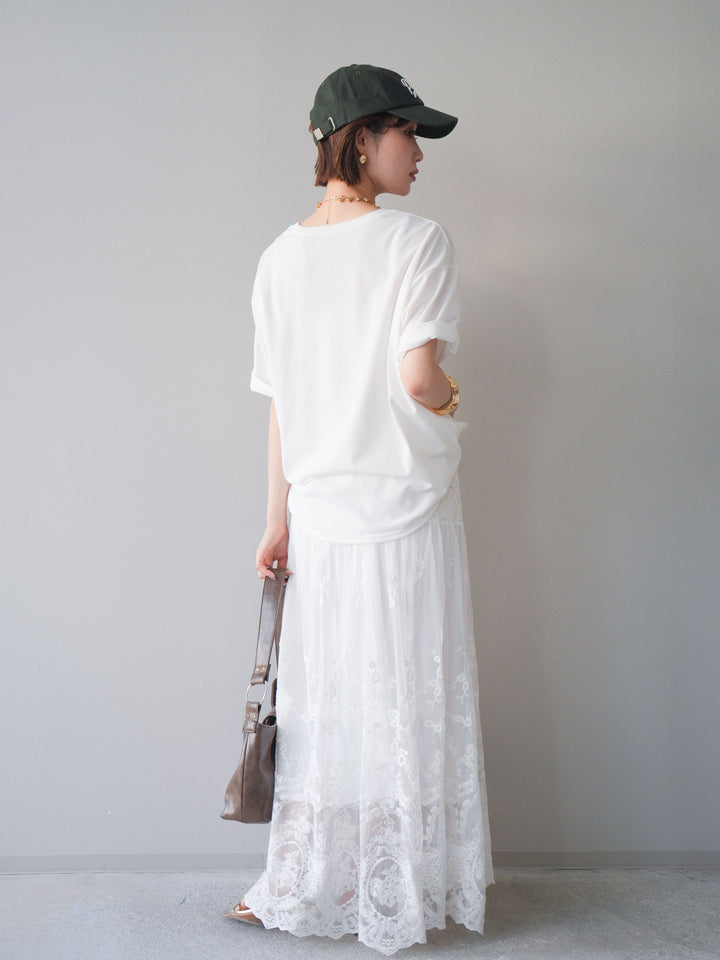 [SET]ブラーアートフォトTシャツ+シアーレースマキシスカート(2set)