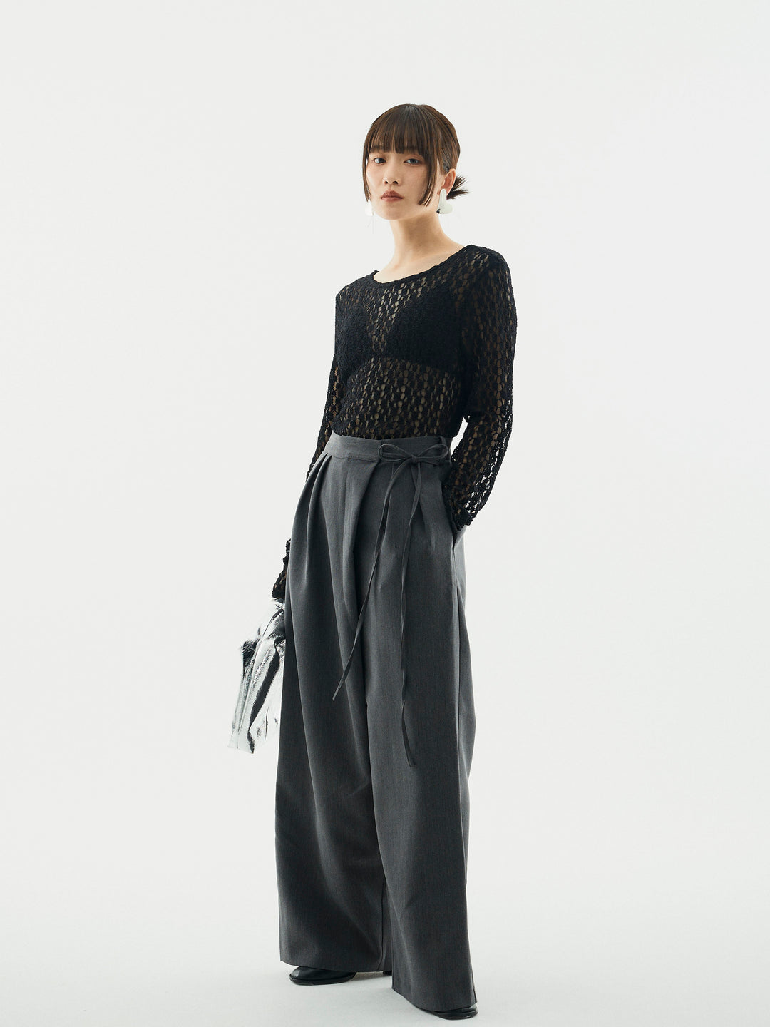 【Allure】[SET]バックラウンドレーストップス+ラップデザインタックワイドパンツ(2set)