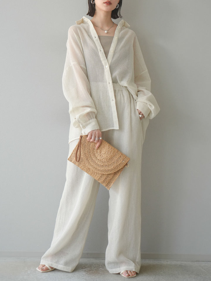 [預購] 棉質金銀絲網眼休閒褲/象牙白