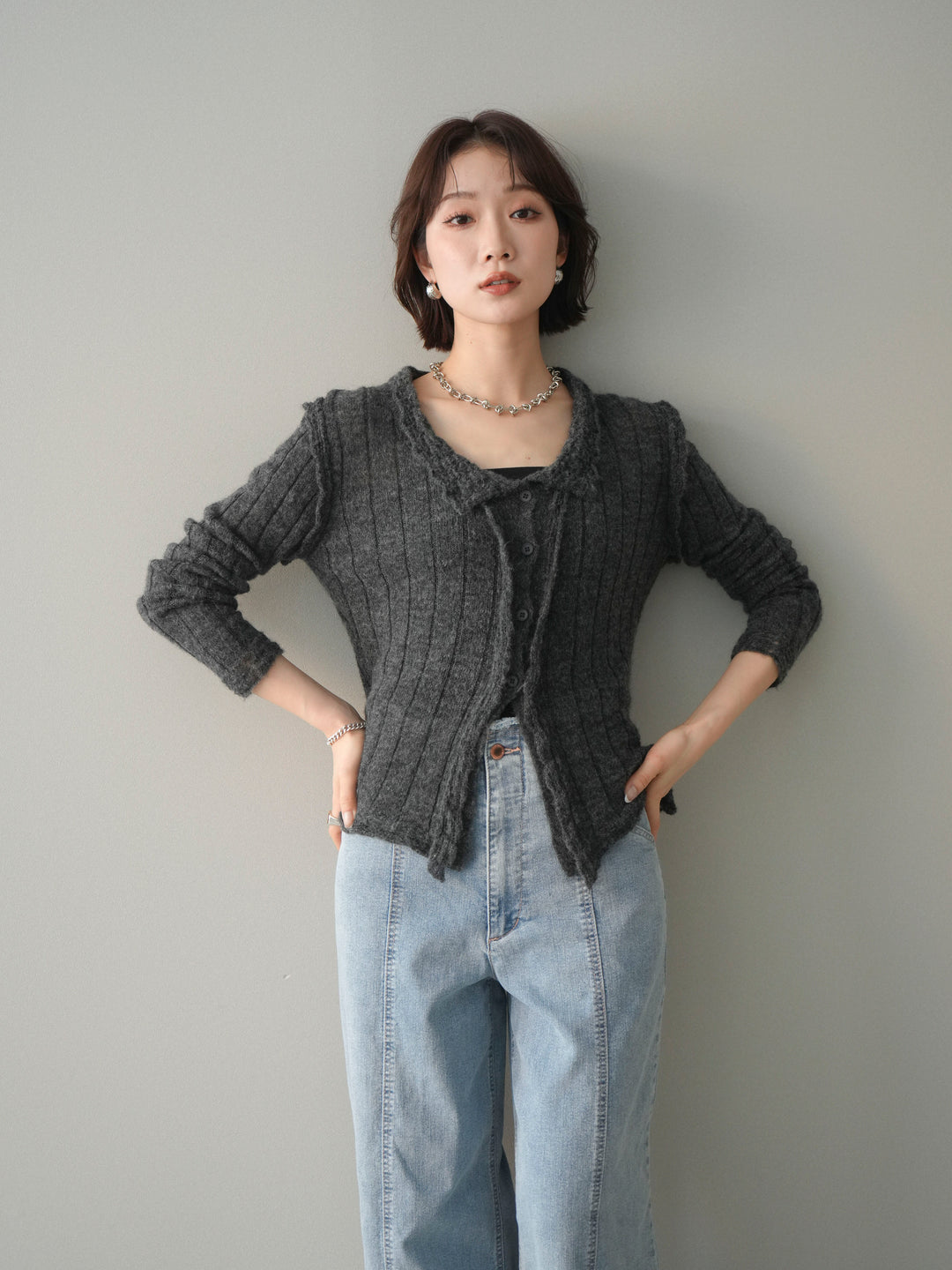 [予約]透かし襟モヘアタッチニットカーディガン/charcoal