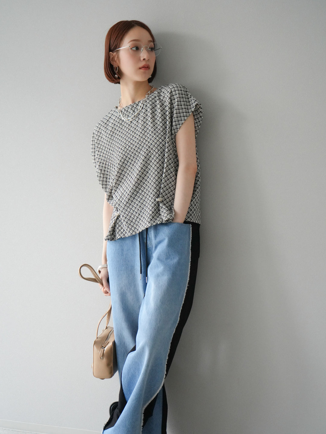 [予約]チェック柄タックデザインフレンチスリーブトップス/ブラウン