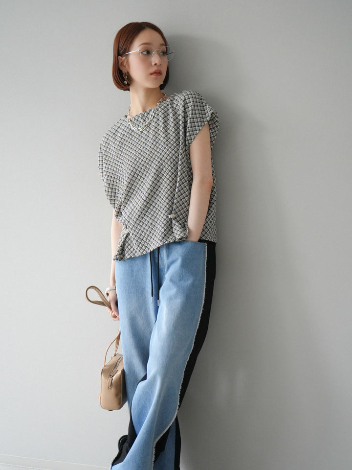 [予約]チェック柄タックデザインフレンチスリーブトップス/ブラウン