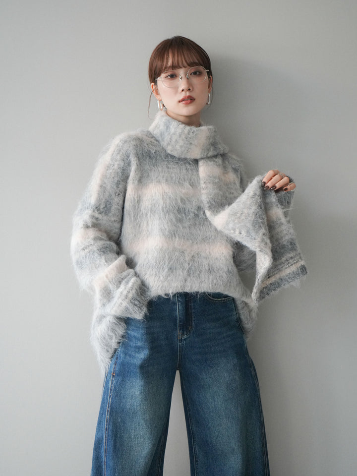 [予約]ストール付シャギーマルチボーダーニットプルオーバー/gray